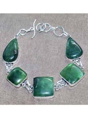 Nephrite Jade Gemstone 925 Sterling Silver Handmade Link Toggle Bracelet